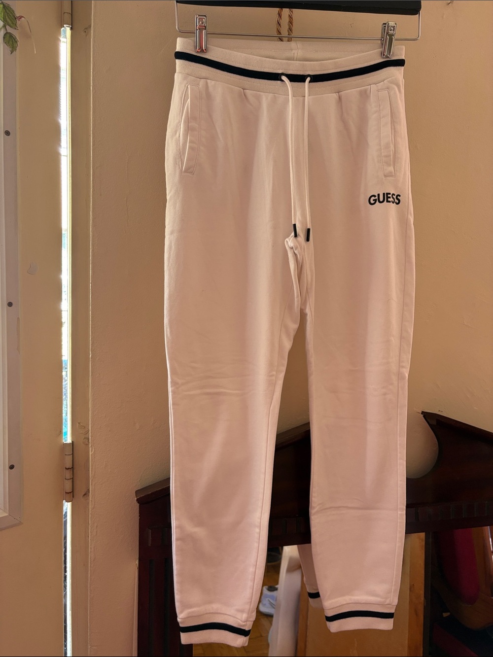 Guess White Jogger Pants with Black Trim. Cotton